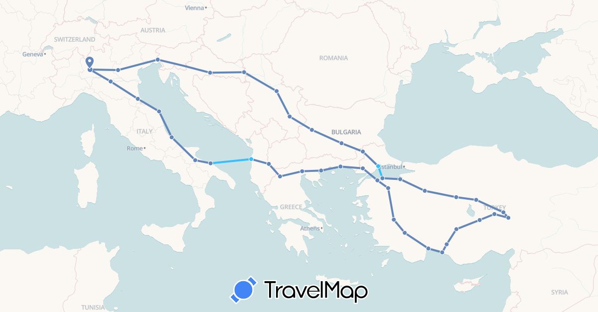 TravelMap itinerary: cycling, boat in Albania, Bulgaria, Greece, Croatia, Italy, Serbia, Turkey (Asia, Europe)